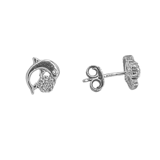 Dolphin Earrings, Silver Rhodium Finish, Cubic Zirconia, Smooth Shine, Snap Closure