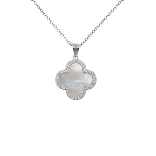 SILVER CROSS MOTHER OF PEARL RHODIUM FINISH ZIRCONIAS