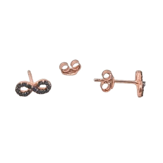 Infinity Earrings, Silver, Rose Gold Finish, Black Cubic Zirconia, Push Back Closure