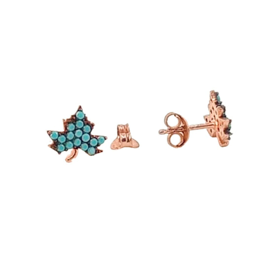 SILVER LEAF EARRINGS WITH PINK FINISH AND NATURAL TURQUOISE, PRESSURE CLOSURE