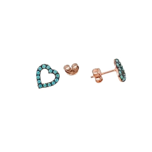 Heart-shaped silver earrings with a pink finish and natural turquoise, featuring a push-back closure.