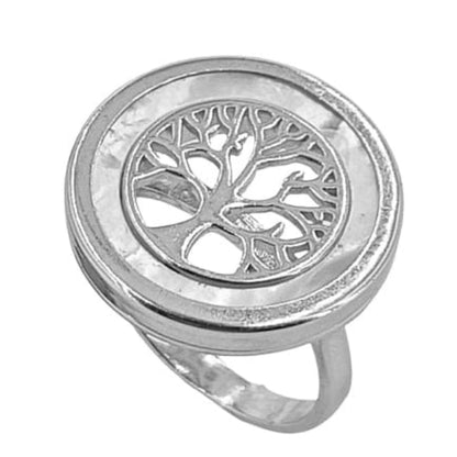 ANILLO ARBOL DE LA VIDA PLATA NACAR ACABADO RODIO LISO BRILLO