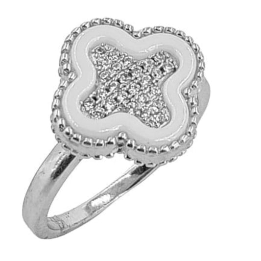 CROSS RING SILVER WHITE CERAMIC RHODIUM FINISH ZIRCONIAS