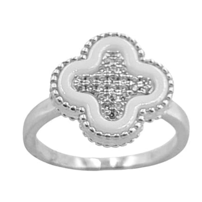 ANILLO CRUZ PLATA CERAMICA BLANCA ACABADO RODIO CIRCONITAS