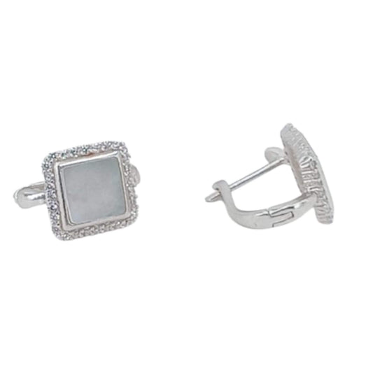 Silver earrings with rhodium finish, mother-of-pearl, cubic zirconia, and Catalan clasp.
