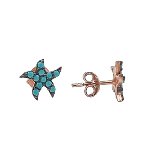 Star earrings, silver, natural turquoise pink finish, push-back closure