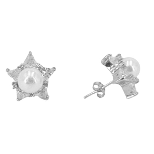 Pearl earrings, silver rhodium finish, cubic zirconia, push-back closure
