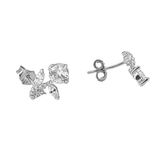 Flower earrings, silver rhodium finish, cubic zirconia, push-back closure