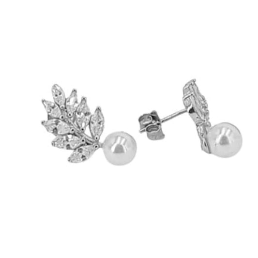SILVER EARRINGS WITH RHODIUM FINISH, ZIRCONIAS, PEARLS, AND PRESSURE CLOSURE
