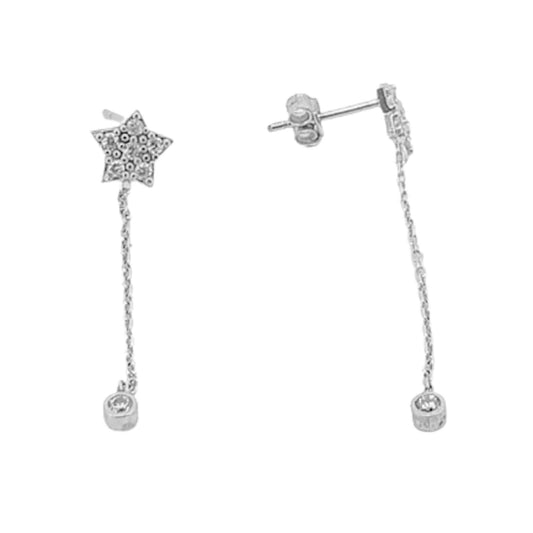 Star Chain Earrings, Silver Rhodium Finish, Cubic Zirconia, Push Back Closure