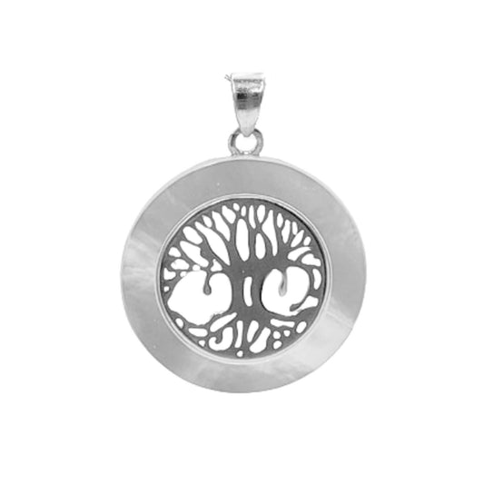 COLGANTE ARBOL DE LA VIDA PLATA NACAR ACABADO RODIO CORAZON CALADO