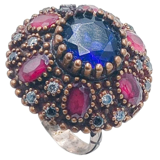 SILVER AND BRONZE RING WITH SILVER FINISH AND NATURAL STONES