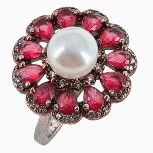 SILVER RING WITH SILVER FINISH, PEARL, AND NATURAL STONES