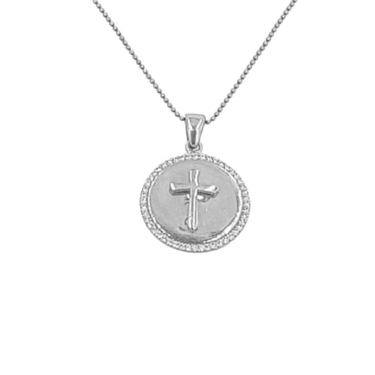 RELIEF SILVER CROSS MEDAL WITH SMOOTH RHODIUM FINISH AND ZIRCONIAS