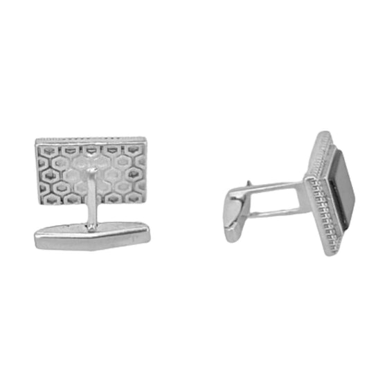 SILVER CUFFLINKS WITH RHODIUM FINISH AND SMOOTH, ENGRAVED BLACK ONYX