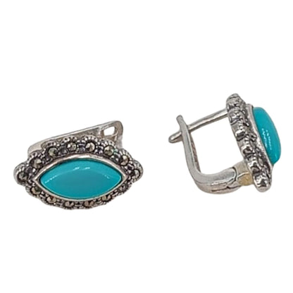 PENDIENTES PLATA ACABADO PLATEADO Y ENVEJECIDO TURQUESA CIERRE CATALAN MARQUESITAS