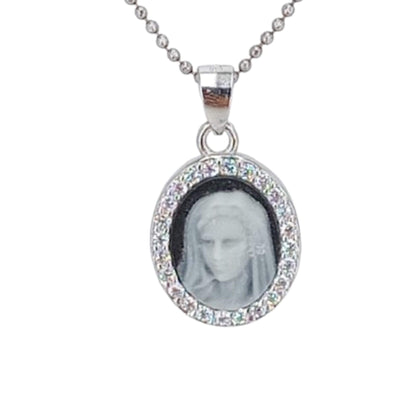 CONJUNTO VIRGEN PLATA ACABADO RODIO COLLAR PENDIENTES