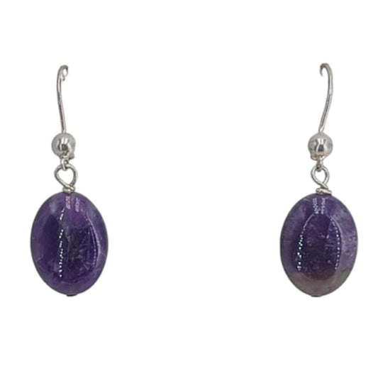 SILVER AND AMETHYST EARRINGS, SILVER FINISH, HIPPIE CLASP