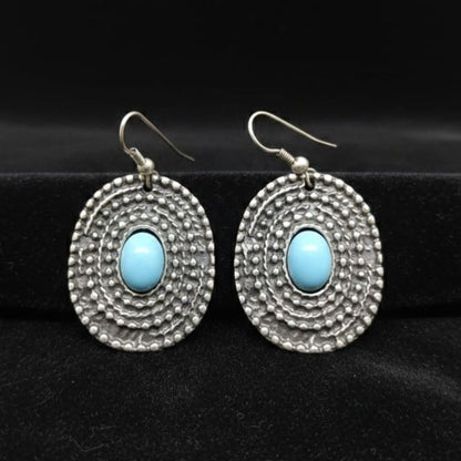 Pendientes Zamak Ovalados con Piedra Color Turquesa - Diseño Concéntrico