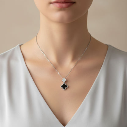Collar Doble Trébol · Plata 925 Acabado Rodio con Esmalte Negro y Circonitas