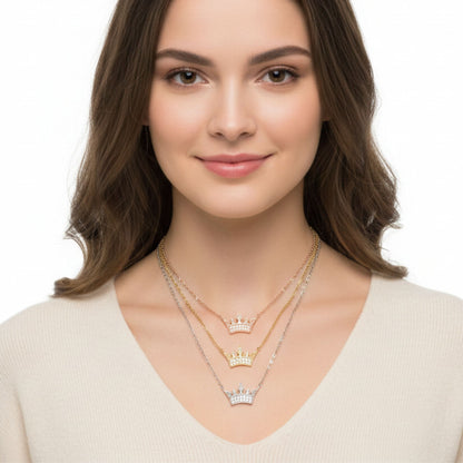 Collar Gargantilla Plata 925 Tricolor Corona con Circonitas Blancas