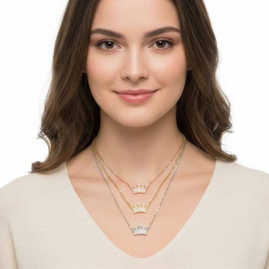 Collar Gargantilla Plata 925 Tricolor Corona con Circonitas Blancas