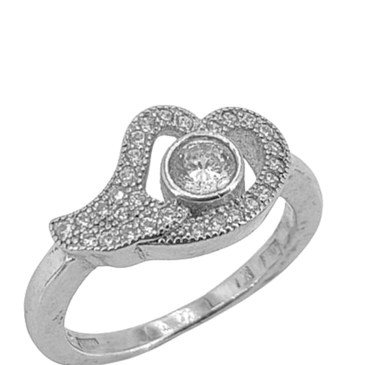 SILVER HEART RING WITH RHODIUM PLATING
