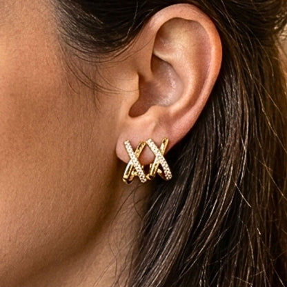Pendientes X Dorados Chapado Oro 14K con Circonitas | Acero Inoxidable