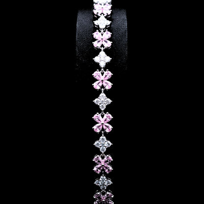 Brazalete Flores Trébol Circonitas Rosa y Blanca | Acero Plateado