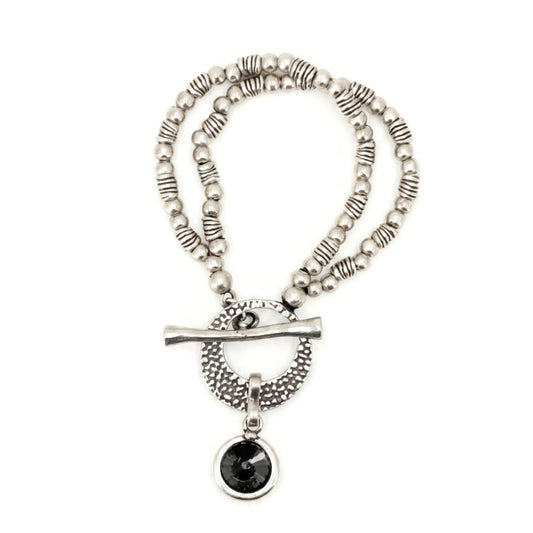 Pulsera Brazalete Zamak Doble Cadena con Circonita Negra | Cierre Ajustable