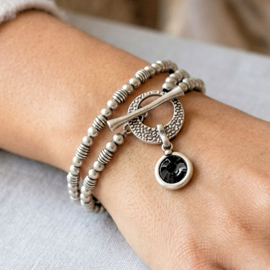 Pulsera Brazalete Zamak Doble Cadena con Circonita Negra | Cierre Ajustable