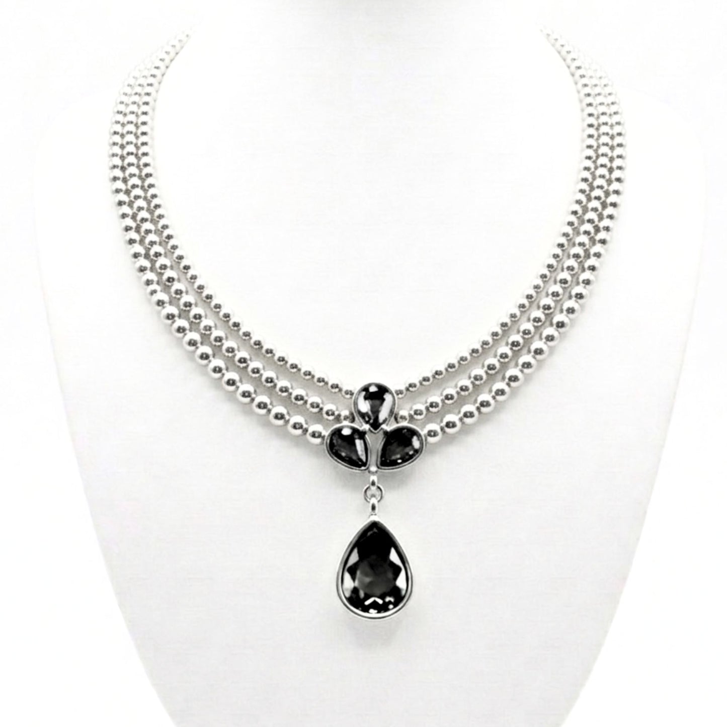 Collar Gargantilla Triple Bolas Plateadas con Colgante Circonita Gris Ahumado | Zamak Hipoalergénico
