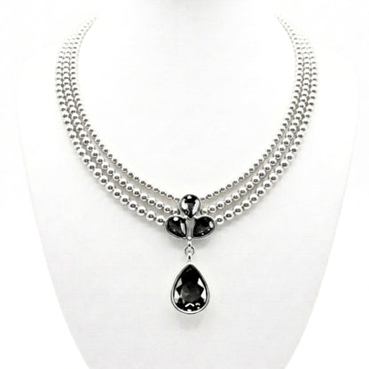 Collar Gargantilla Triple Bolas Plateadas con Colgante Circonita Gris Ahumado | Zamak Hipoalergénico