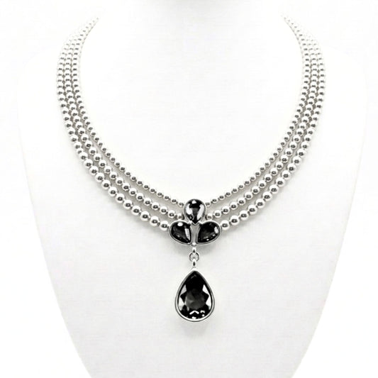 Collar Gargantilla Triple Bolas Plateadas con Colgante Circonita Gris Ahumado | Zamak Hipoalergénico