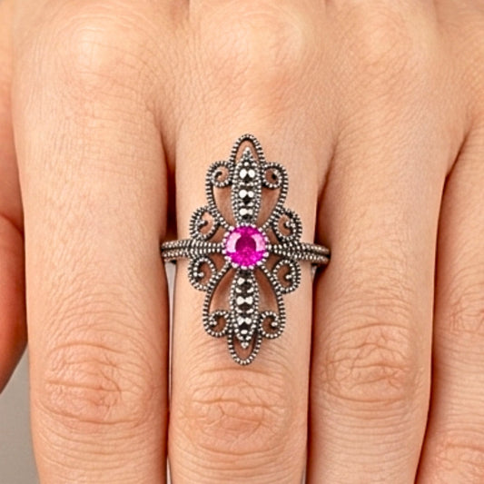 Anillo Sortija Vintage Plata con Ágata Roja y Marquesitas