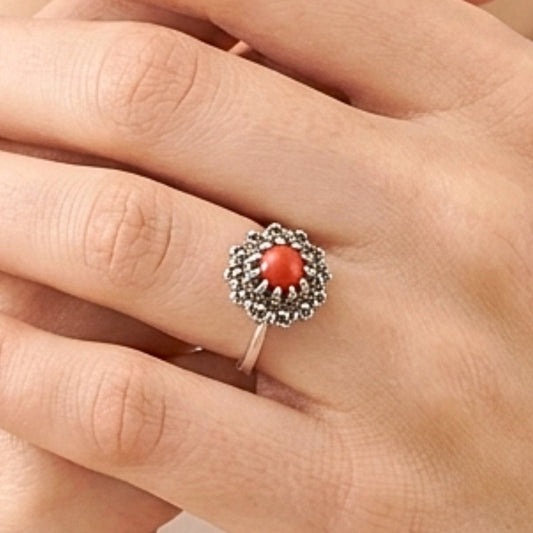 Anillo Sortija Mujer Plata Envejecida Vintage con Piedra Natural Naranja y Marquesitas
