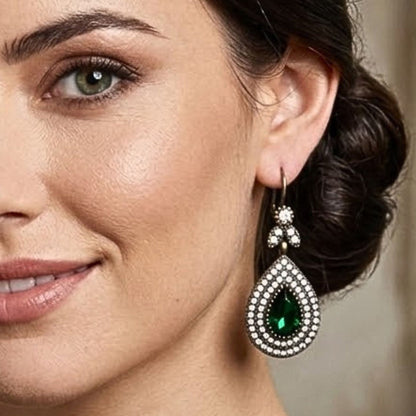 Pendientes Vintage Ágata Verde Gota | Plata, Bronce y Circonitas Blancas