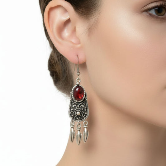 Ethnic Zamak Earrings with Red Cubic Zirconia and Fringe - Boho Style