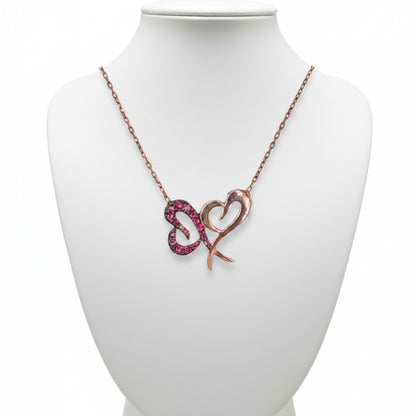 Collar Gargantilla Doble Corazón · Plata 925 Baño Oro Rosa con Circonitas Rojas