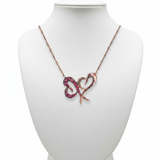 HEART NECKLACE SILVER PINK FINISH WITH ZIRCONIAS SMOOTH SHINE