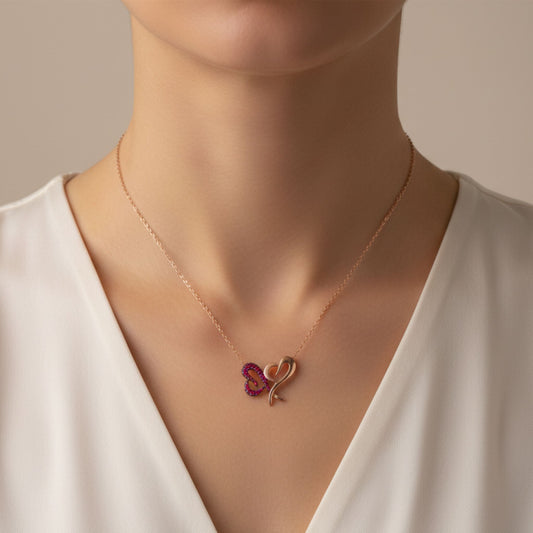 HEART NECKLACE SILVER PINK FINISH WITH ZIRCONIAS SMOOTH SHINE