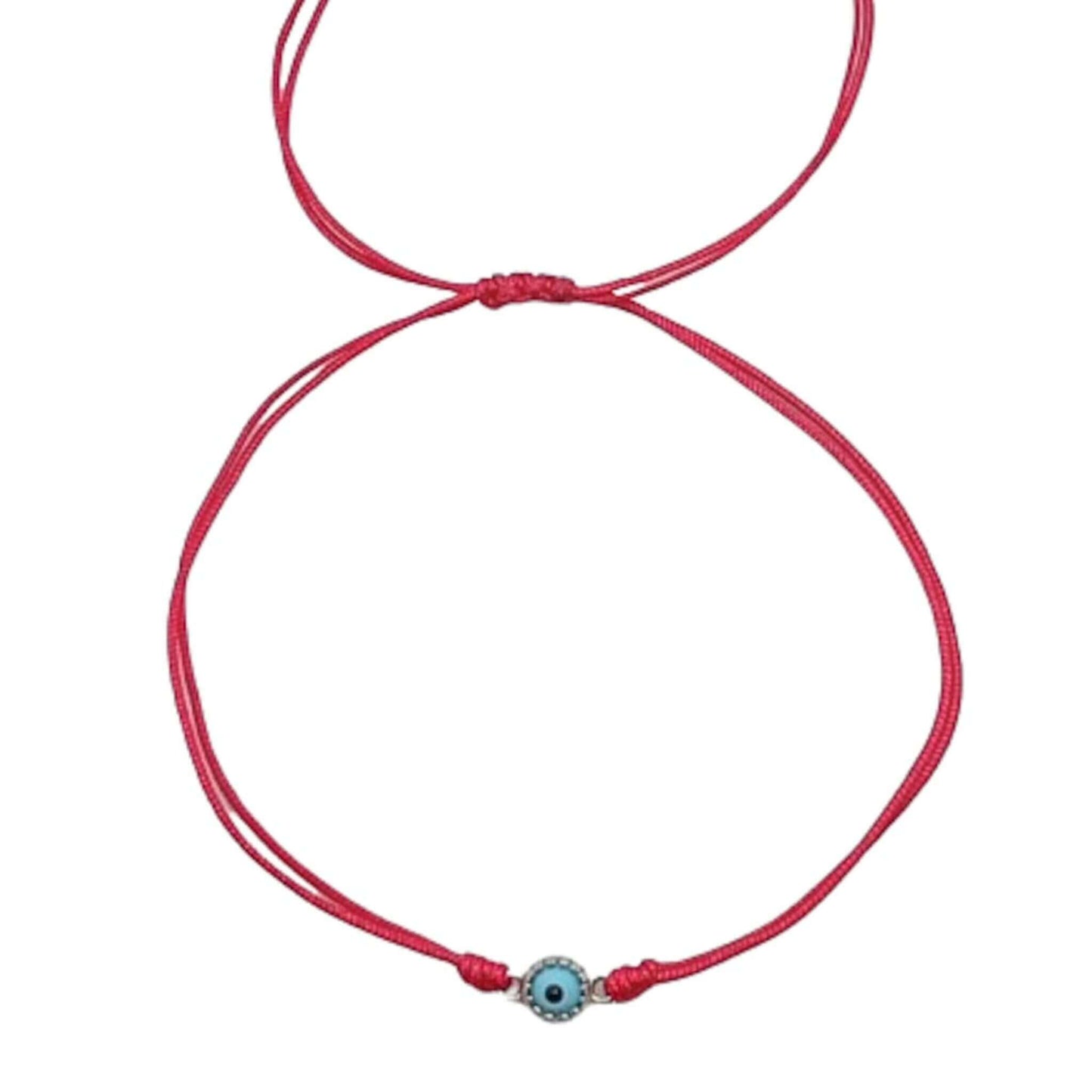 PULSERA HILO ROJO Y OJO TURCO ACABADO EN PLATEADO