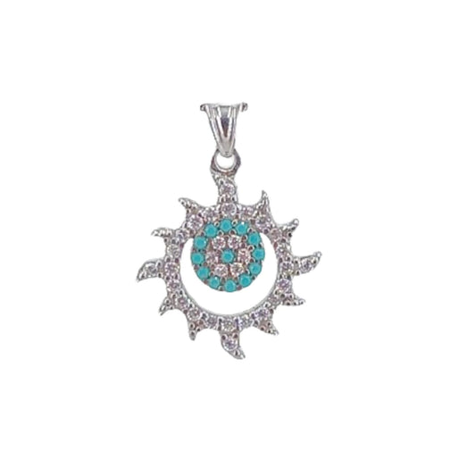 COLGANTE SOL PLATA ACABADO EN RODIO ,CIRCONITAS Y TURQUESAS