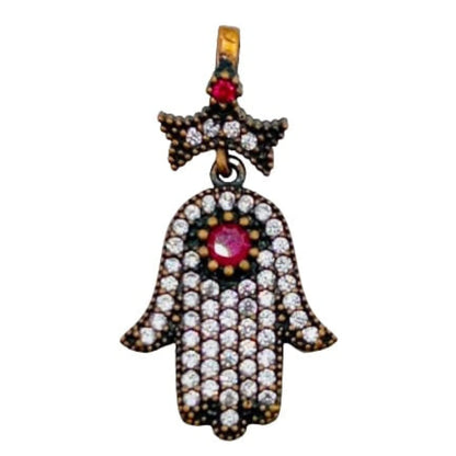COLGANTE MANO DE FATIMA PLATA Y BRONCE ACABADO EN PLATEADO Y PIEDRAS NATURALES
