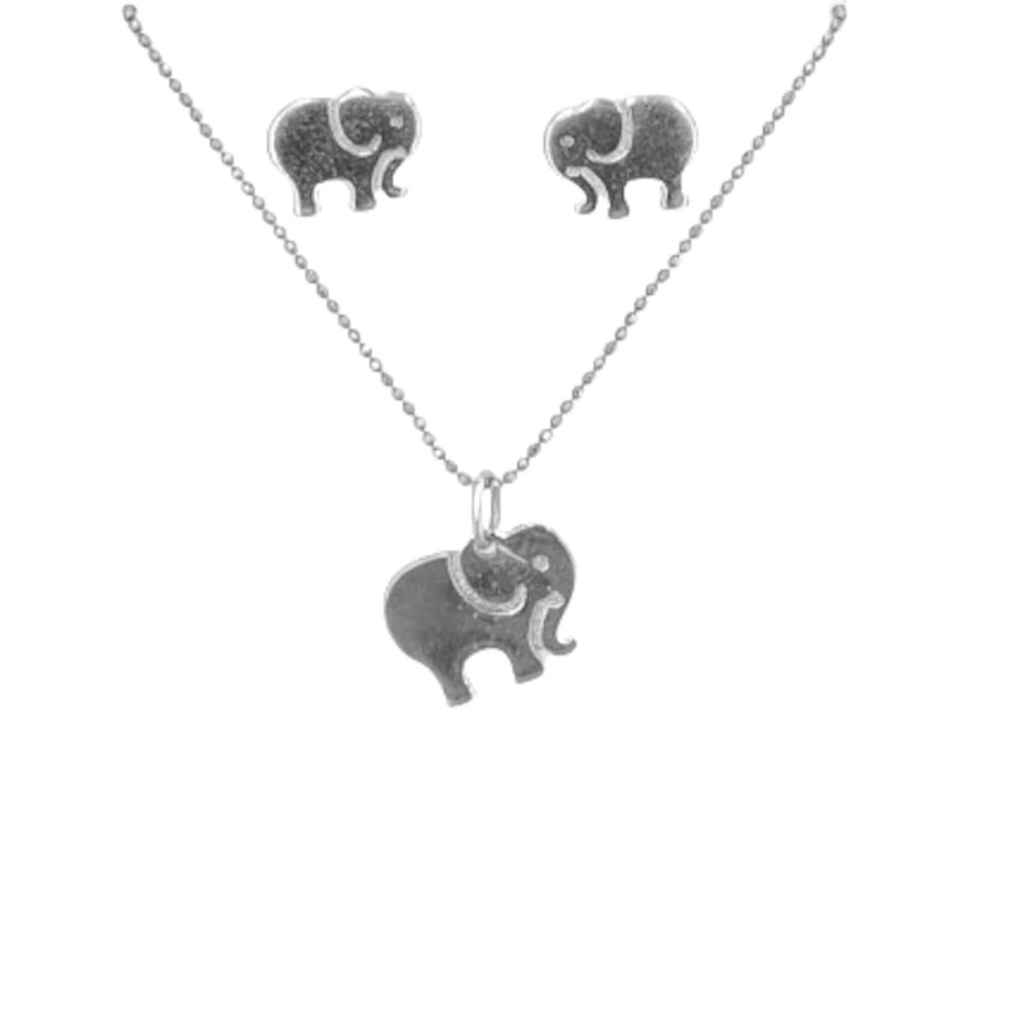 CONJUNTO COLLAR PENDIENTES ELEFANTE PLATA ACABADO RODIO LISO BRILLO