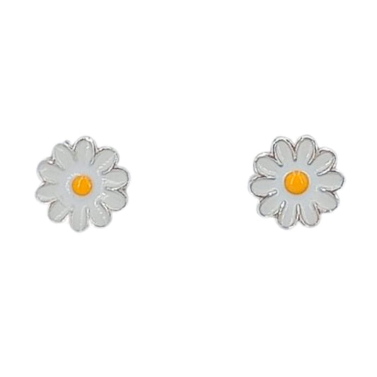 PENDIENTES FLOR PLATA ESMALTE ACABADO PLATEADO CIERRE PRESION