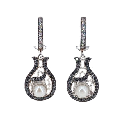 PENDIENTES PLATA ACABADO RODIO PERLA CIRCONITAS CIERRE CATALAN