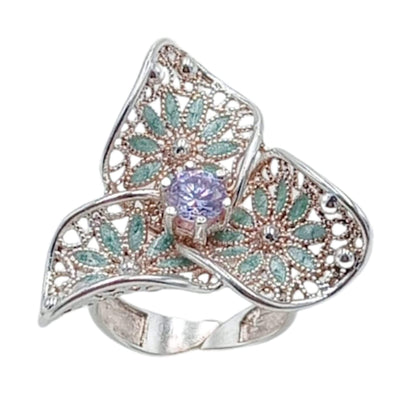 ANILLO PLATA ACABADO PLATEADO ESMALTE CIRCONITA VIOLETA