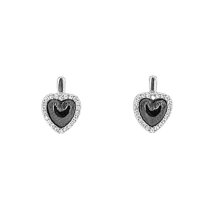 PENDIENTES CORAZON CERAMICA NEGRA PLATA ACABADO RODIO CIRCONITAS CIERRE CATALAN