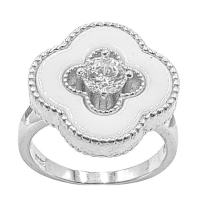 ANILLO PLATA ACABADO RODIO CRUZ CERAMICA BLANCA CIRCONITAS